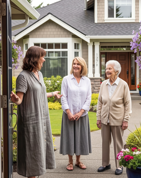 Advisor walking with a senior through a modern assisted living lobby
